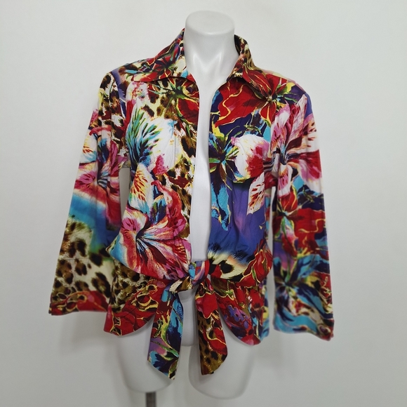 Mishca Floral Animal Print Mobwife 3/4 Maximalism Boho Tie Front Blouse Size XL - Picture 1 of 12
